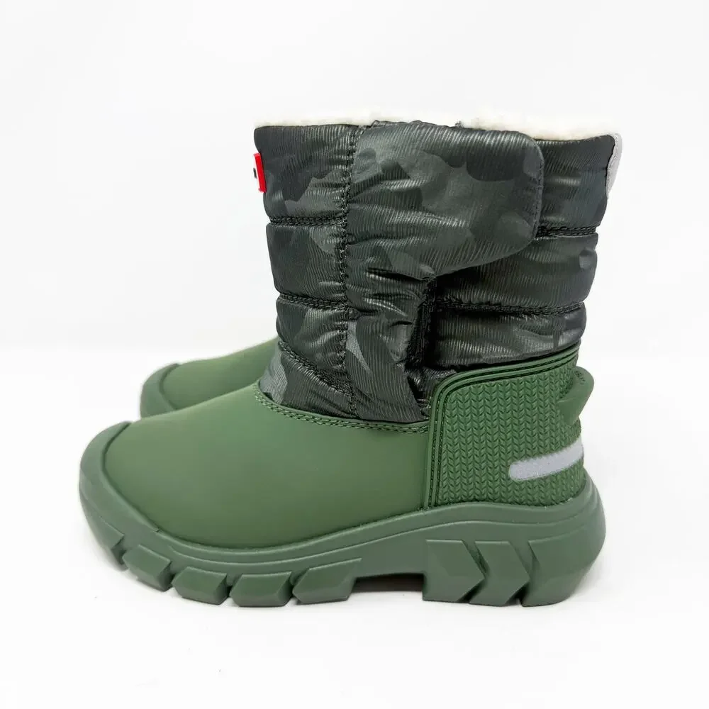 Hunter Green Camo Rain/Snow Boots Boys 10 Side Zip Waterproof EUC Fleece Lined